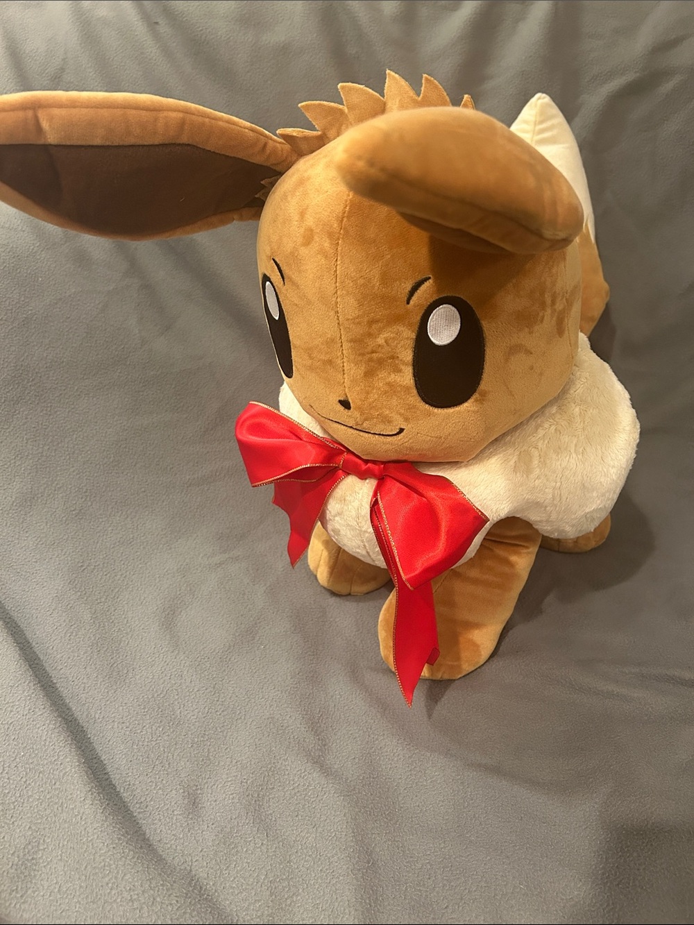 Pokemon Eevee Plush Toy Brown White with Red Bow